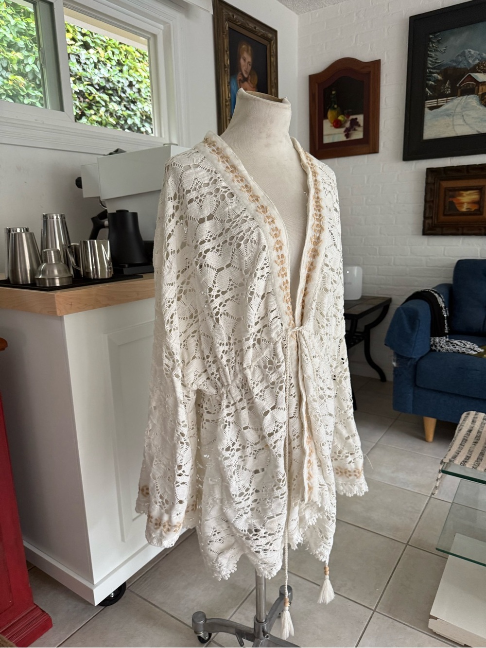 Free People Cream Lace Open-Front Kimono with Tassel Tie